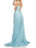 V-Neck Lace Up Light Blue Long Prom Dress with Beading Split HZ0509