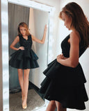 Neck Lace Short Satin Layered A-Line Knee Length Short Prom Dresses,Homecoming Dresses HZ0509