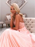 Halter Backless Sweep Train Pink Prom Dress with Appliques HZ0509