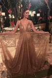 Sequin Long Prom Dress Spaghetti V Neck Backless Evening Dress HZ0509
