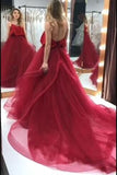 Organza Long Burgundy Prom Gown Backless Party Dresses HZ0509