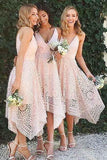 Blue/Pink Deep V-neck Spaghetti Straps Sleeveless Asymmetry Lace A-line Bridesmaid Dress HZ0509