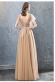 A Line Short Sleeves Tulle Beading Long Prom Dress Evening Dress HZ0509