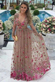 V-Neck Long Sleeves Tulle Prom Dresses with Floral Appliques HZ0509