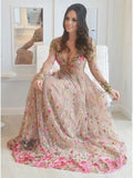V-Neck Long Sleeves Tulle Prom Dresses with Floral Appliques HZ0509