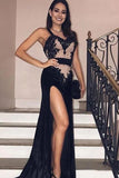 Spaghetti Straps Mermaid Sexy Black Side-Slit Prom Dresses HZ0509