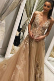 Line Tulle Long Appliques Deep V Neck Prom Dress With Beading HZ0509