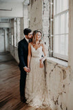 Spaghetti Strap V-neck Long Lace Beach Wedding Dresses HZ0509