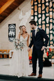 Spaghetti Strap V-neck Long Lace Beach Wedding Dresses HZ0509