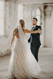 Spaghetti Strap V-neck Long Lace Beach Wedding Dresses HZ0509