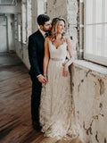 Spaghetti Strap V-neck Long Lace Beach Wedding Dresses HZ0509