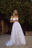 A-Line Off the Shoulder White Beach Wedding Dresses HZ0509