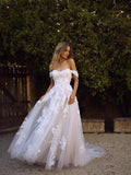 A-Line Off the Shoulder White Beach Wedding Dresses HZ0509
