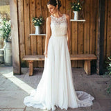 A-Line Round Neck Chiffon with Lace,Beach Boho Wedding Dresses HZ0509