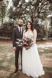 V-neck Long Sleeve Top Lace Long Cheap Wedding Dresses HZ0509