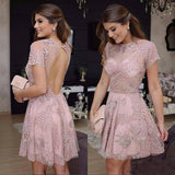 Lace Pink Beads A-Line Knee Length Backless Homecoming Dresses HZ0509