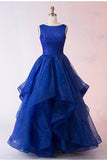 A-Line Bateau Long Royal Blue Organza Prom Dress with Beading HZ0509
