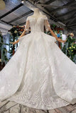 Gown Half Sleeves Lace Bridal Dress with Sequins, Princess Long Wedding Dress HZ0509