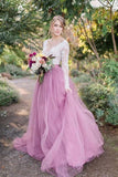 V-Neck Long Sleeves Pink Tulle Wedding Dresses with Lace Appliques HZ0509