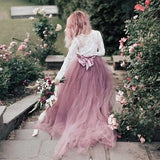 V-Neck Long Sleeves Pink Tulle Wedding Dresses with Lace Appliques HZ0509