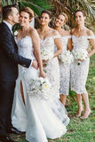 Off the Shoulder White Lace Tea Length Bridesmaid Dress HZ0509