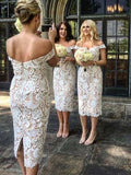 Off the Shoulder White Lace Tea Length Bridesmaid Dress HZ0509