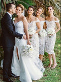 Off the Shoulder White Lace Tea Length Bridesmaid Dress HZ0509