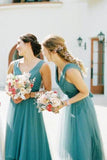 Teal V Neck A Line Bridesmaid Dress with Pleats HZ0509