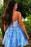 A Line Spaghetti Straps Blue Criss-Cross Homecoming Dress With Appliques HZ0509