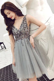Line V Neck Sparkle Short Grey Backless Homecoming Dresses Party Dress HZ0509