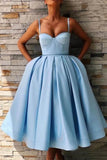 Length Sky Blue Prom Dress with Pocket Spaghetti Straps Simple Graduation Dress HZ0509