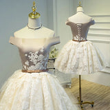 Line Lace Appliques Off the Shoulder Homecoming Dresses, Short Prom Dress HZ0509