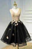 Line Black V Neck Homecoming Dresses, Sleeveless Prom Dress With Butterfly HZ0509