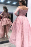 A-Line Off the Shoulder High Low Long Sleeves Pink Lace Prom Dress HZ0509