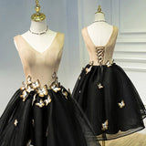 Line Black V Neck Homecoming Dresses, Sleeveless Prom Dress With Butterfly HZ0509