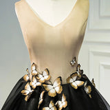 Line Black V Neck Homecoming Dresses, Sleeveless Prom Dress With Butterfly HZ0509