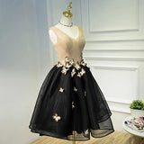 Line Black V Neck Homecoming Dresses, Sleeveless Prom Dress With Butterfly HZ0509