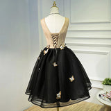 Line Black V Neck Homecoming Dresses, Sleeveless Prom Dress With Butterfly HZ0509
