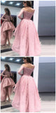 A-Line Off the Shoulder High Low Long Sleeves Pink Lace Prom Dress HZ0509