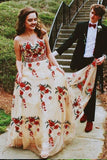 A Line Strapless Tulle Long Prom Dress with Floral Appliques HZ0509