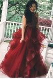 Burgundy A Line Beading Long Prom Dresses With Ruffles HZ0509