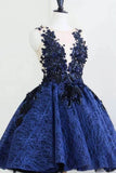 Blue Lace Sheer Neck Short Prom Dresses, Charming Homecoming Dress HZ0509