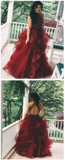 Burgundy A Line Beading Long Prom Dresses With Ruffles HZ0509