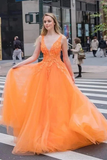 A Line Tulle Appliques Orange V Neck Prom Dress, Long Evening Dress, Dance Dresses HZ0509