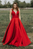 A-line V-neck Satin Long Cheap Red Prom Dresses with Pocket HZ0509
