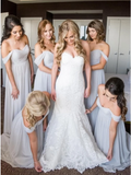 Off-the-Shoulder Light Grey Ruched Chiffon Long Bridesmaid Dress HZ0509