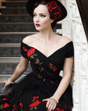 Off the Shoulder Tulle Black Homecoming Dresses with Flowers HZ0509
