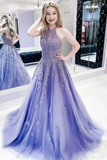 A Line Lavender Lace Appliques Tulle Halter Long Prom Dresses HZ0509