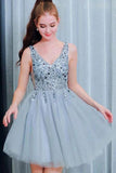 A Line V Neck Light Blue Short Homecoming Dresses With Beading HZ0509