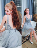A Line V Neck Light Blue Short Homecoming Dresses With Beading HZ0509